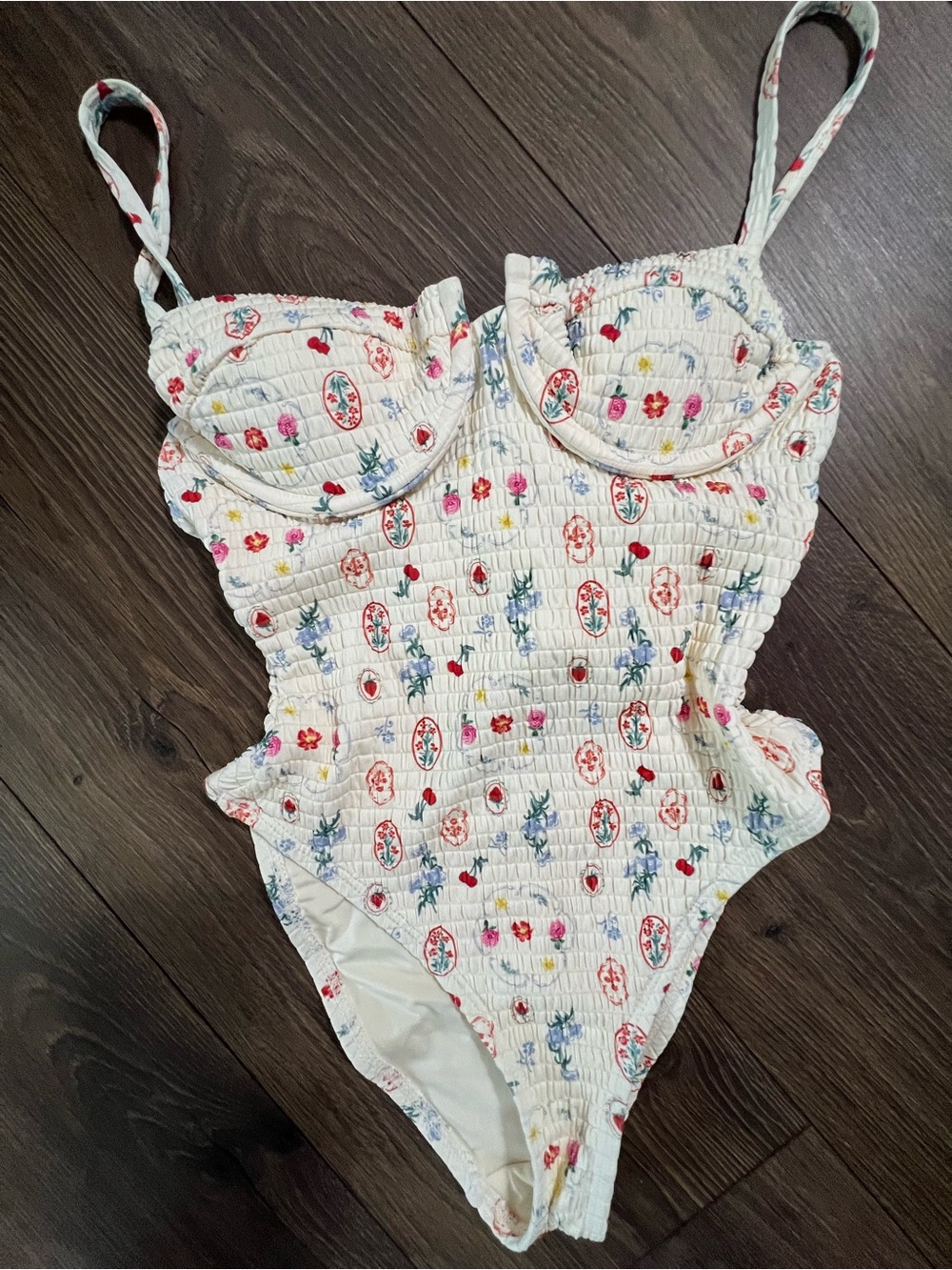NWT Dippin' Daisies Smocked Cherry Floral Underwire One Piece Swimsuit XS